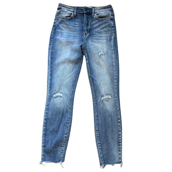 CELLO High Rise Skinny Distressed Jeans Medium Wash Stretch Denim Raw Hem EUC 9 - Picture 1 of 7